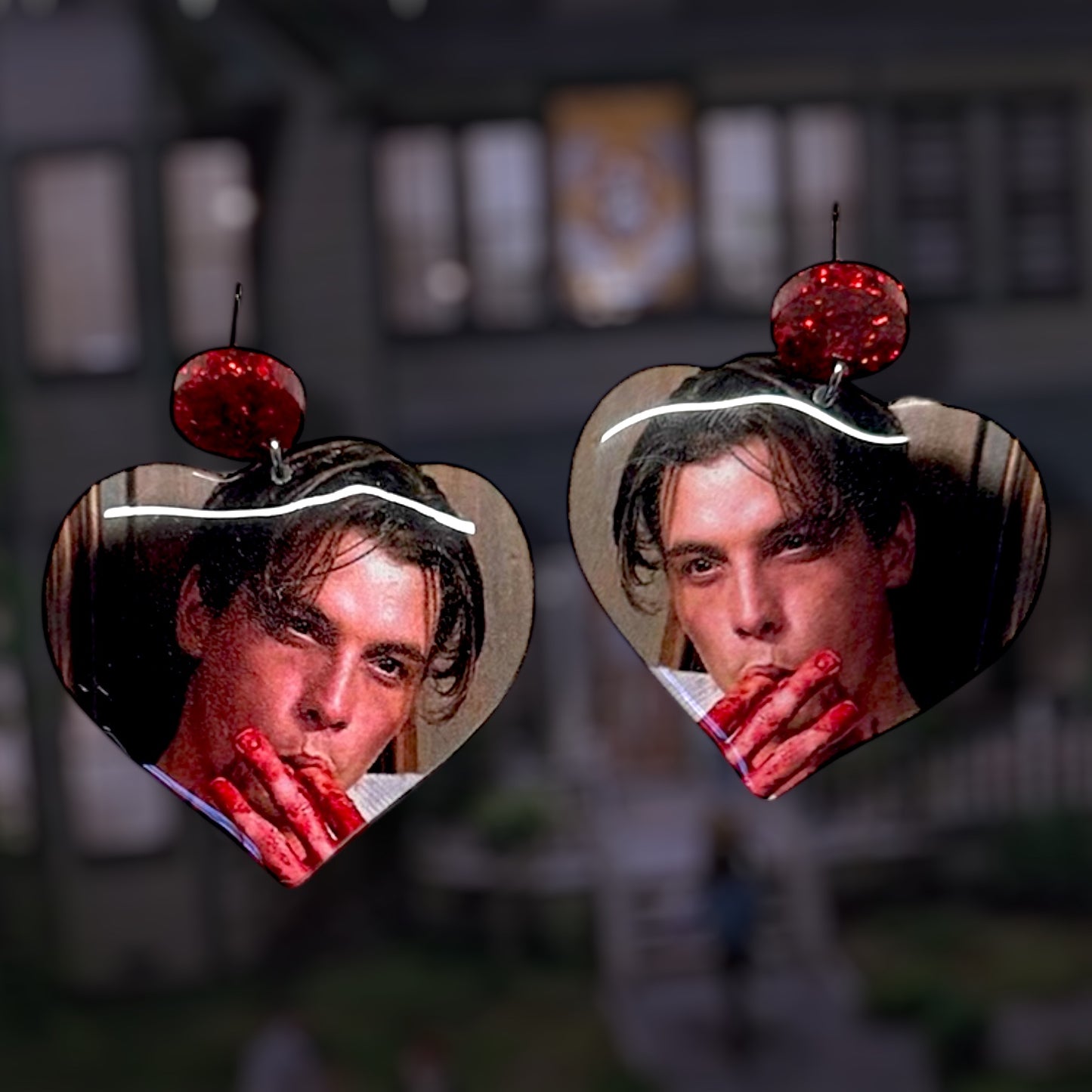 Scream-inspired Billy Loomis corn syrup heart-shaped resin statement earrings