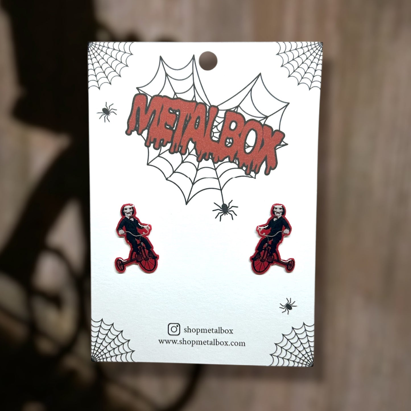 SAW Billy riding tricycle creepy puppet resin stud earrings