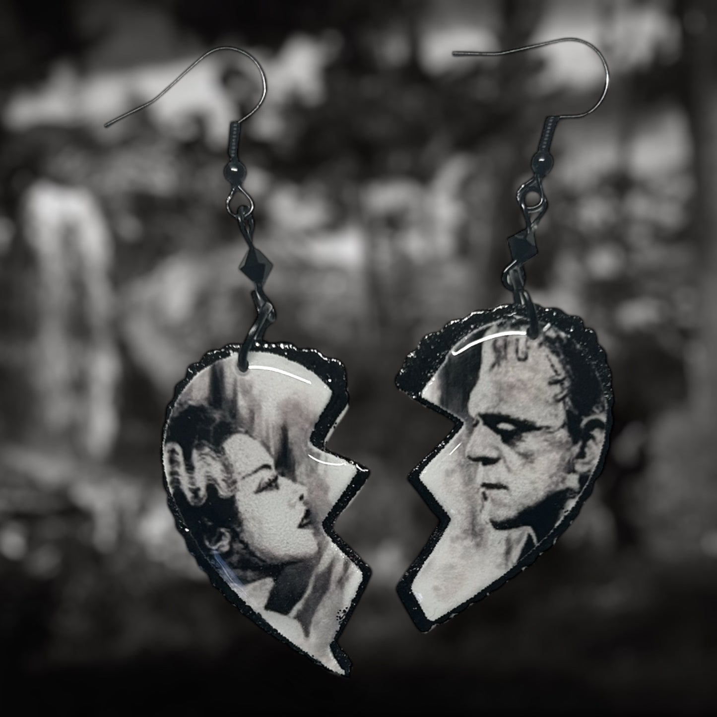 Bride of Frankenstein broken heart beaded resin statement earrings