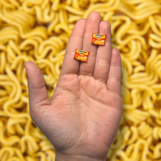 Chicken-flavored noodles resin stud earrings being held