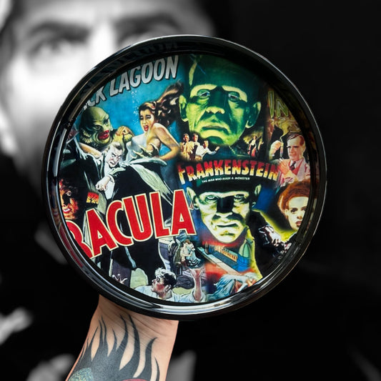 Classic horror universal monsters Frankenstein Dracula Wolfman Creature from the Black Lagoon round resin trinket dish being held