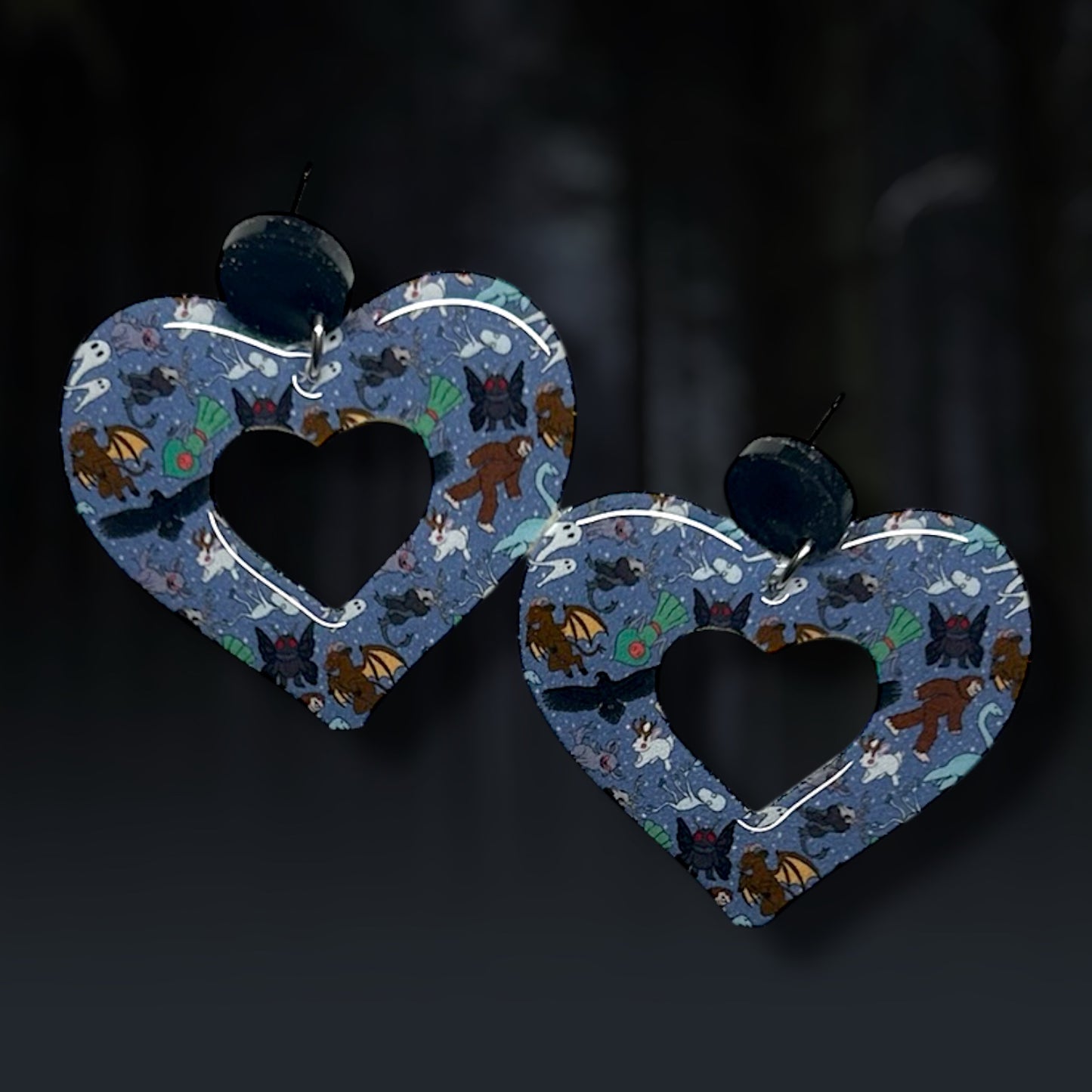 Cryptid Mothman Bigfoot Loch Ness Monster Fresno Nightcrawler Chupacabra Flatwoods Monster Jackalope mod hearts resin statement earrings