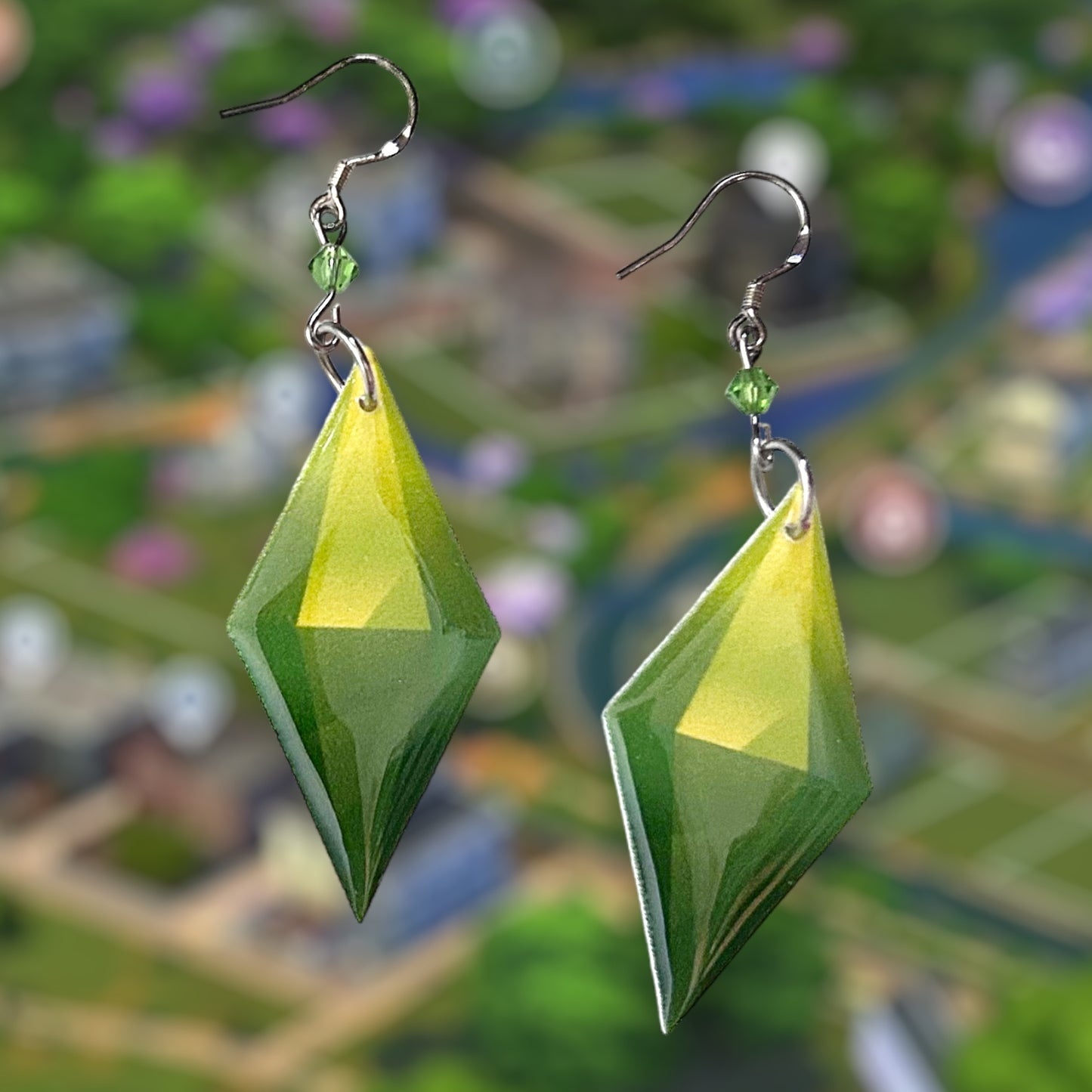 The Sims 4-inspired TS4 green plumbob beaded resin statement earrings