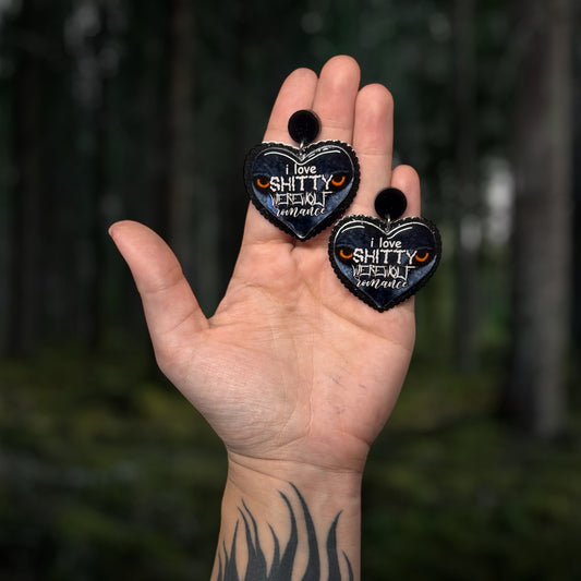 I Love Shitty Werewolf Romance monster fucker Alpha werewolf ruffle heart-shaped resin statement earrings