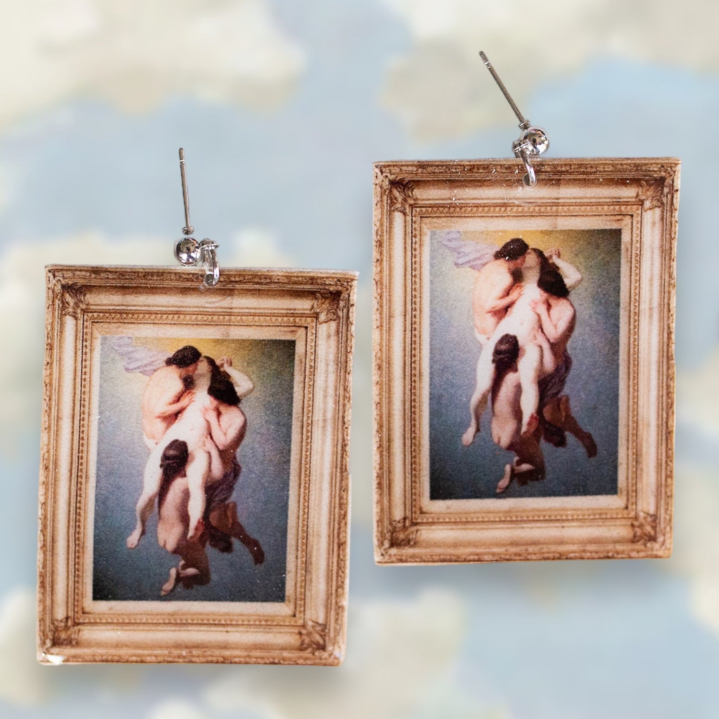 Francois Octave Tassaert La Femme Damnee threesome vintage framed art resin statement earrings