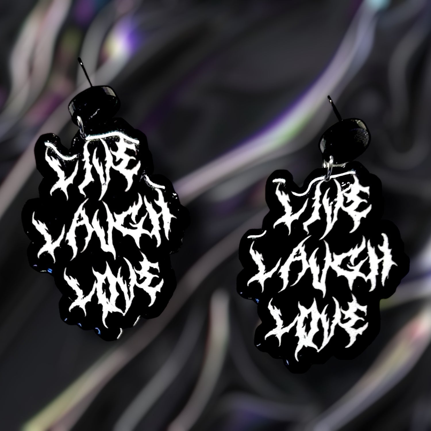 Live Laugh Love heavy metal font heavy metal band logo resin statement earrings