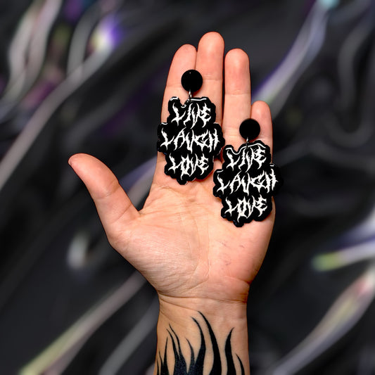 Live Laugh Love heavy metal font heavy metal band logo resin statement earrings