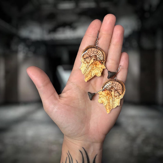 Lobotomy diagram head miniature lobotomy tool resin statement earrings being held