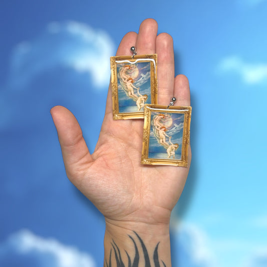 Evelyn De Morgan Moonbeams Dipping Into the Sea painting framed art resin statement earrings being held