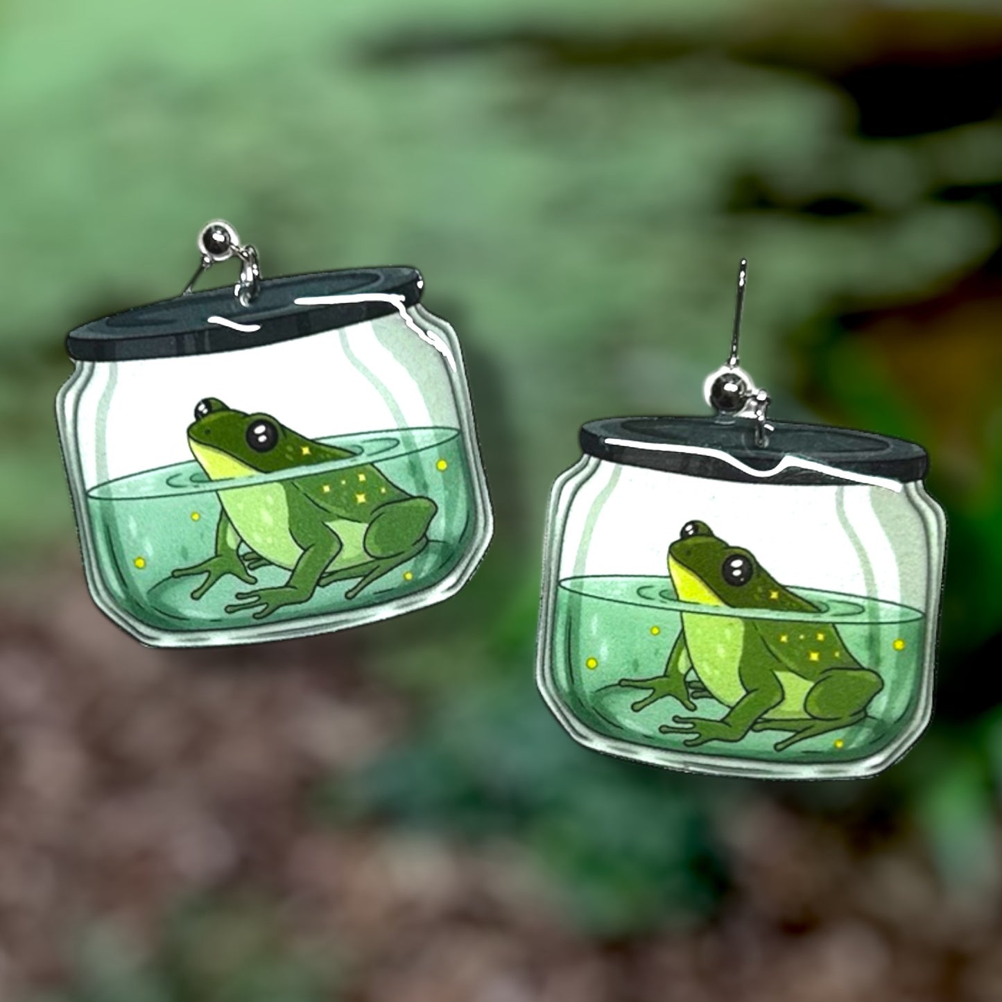 Frog in a jar oddities curiosities pet frog swamp witchy resin statement earrings