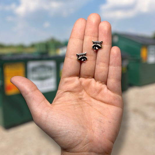Raccoon resin stud earrings being held