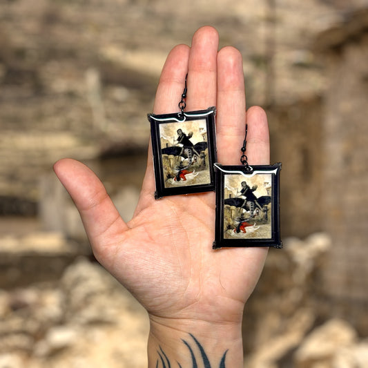 Arnold Bocklin The Plague framed art resin statement earrings
