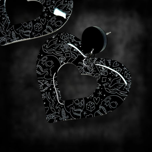 Traditional tattoo mod heart resin statement earrings closeup