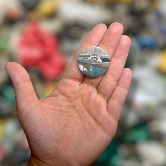 Trash can raccoon in dumpster button