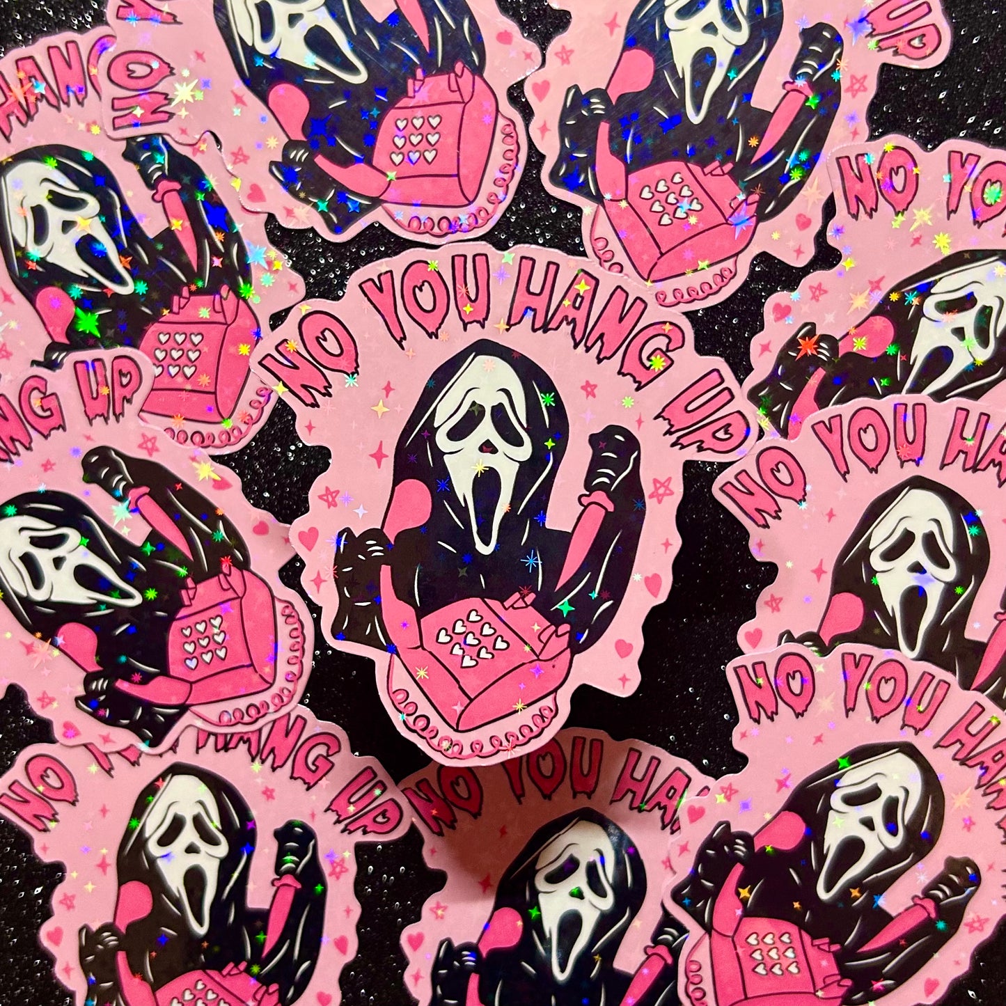 Scream Ghostface with pink corded phone and pink knife "No You Hang Up" holographic sparkly pink vinyl sticker