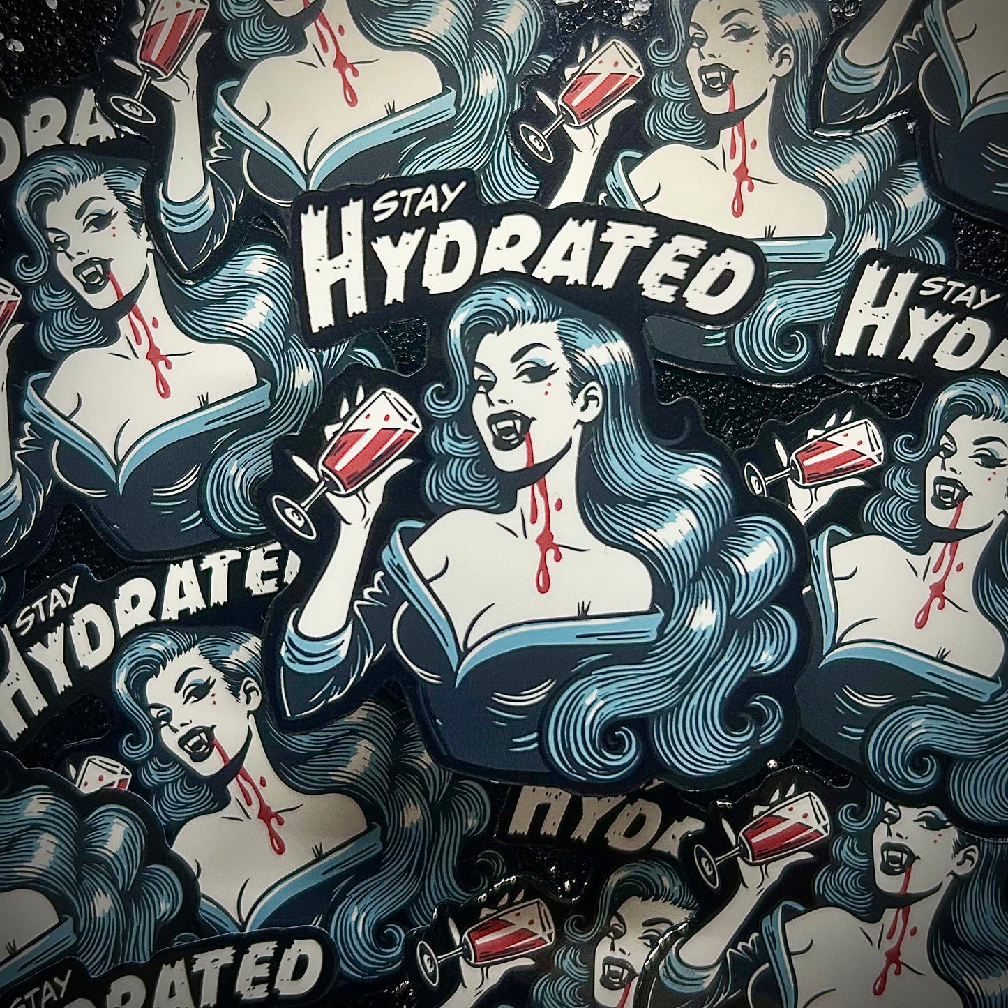 Stay Hydrated sexy vampire lady drinking blood from a wine glass machine-cut vinyl sticker