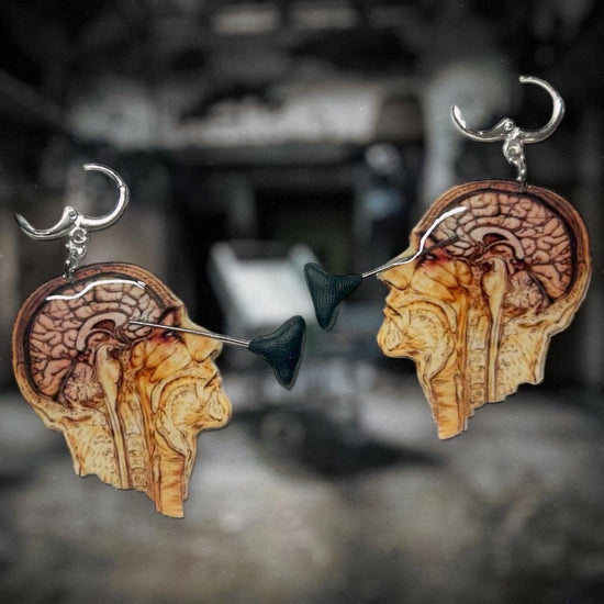 Lobotomy diagram head miniature lobotomy tool resin statement earrings