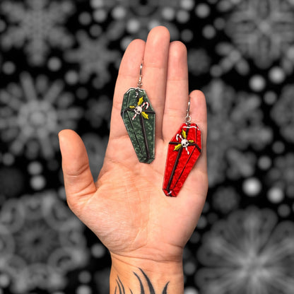 Red and Green Creepmas Coffin Statement Earrings