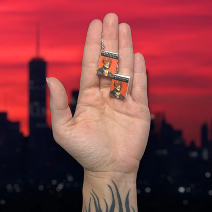 Bret Easton Ellis American Psycho miniature book dangle earrings being held