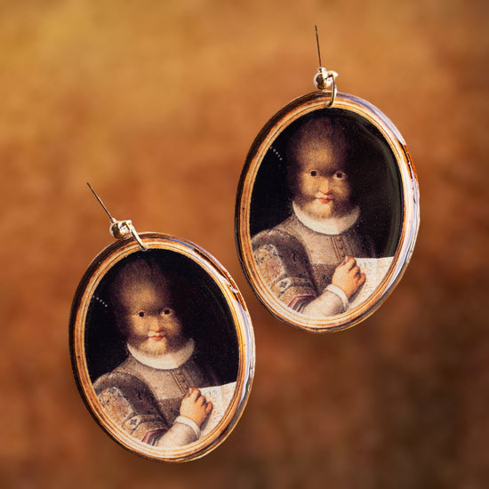 Portrait of Antoinetta Gonsalvus framed art resin statement earrings