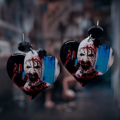 Terrifier Art the Clown bloody clown scary heart-shaped resin statement earrings