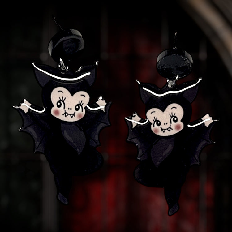 Vampire bat kewpie spooky cute resin statement earrings