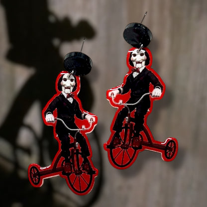 SAW Billy riding tricycle creepy puppet resin statement earrings
