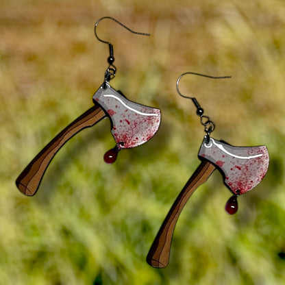 Bloody axe with glass blood drop resin statement earrings