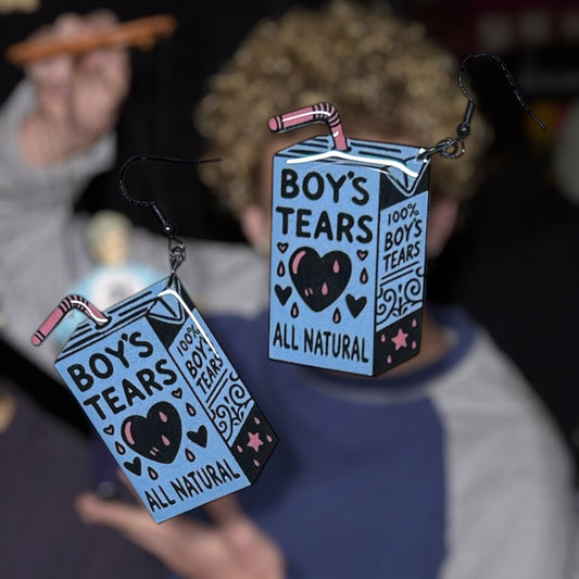 All Natural Boy's Tears juice box resin statement earrings