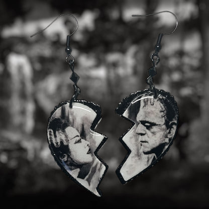 Universal monsters Bride of Frankenstein broken heart beaded resin statement earrings