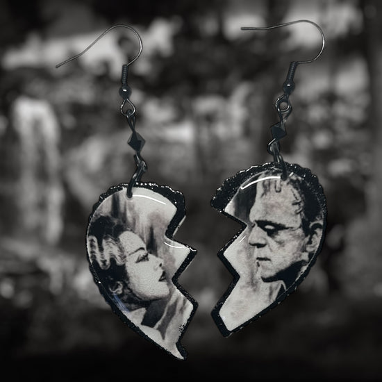 Bride of Frankenstein broken heart dangle earrings