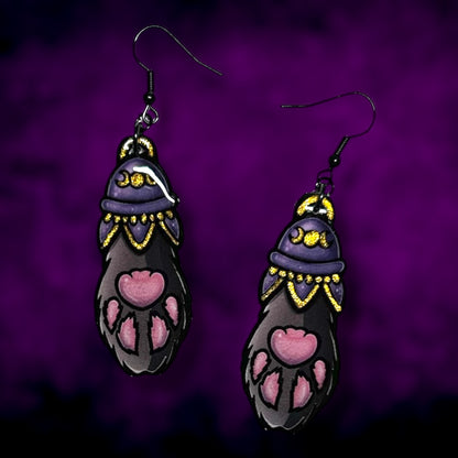 Witchy hand-painted gold cat paw black cat familiar resin statement earrings