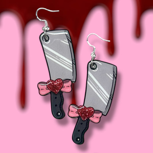 Cleaver sparkly pink heart bow goth Valentine's Day Valloween resin statement earrings