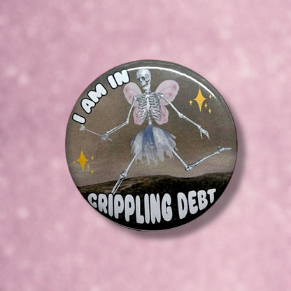 Crippling debt fairy skeleton wearing tutu button