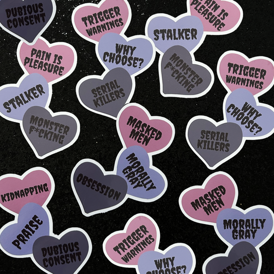 Dark romance tropes smut book Morally Gray Why Choose Trigger Warnings Praise kink monster smut stacked heart-shaped vinyl sticker
