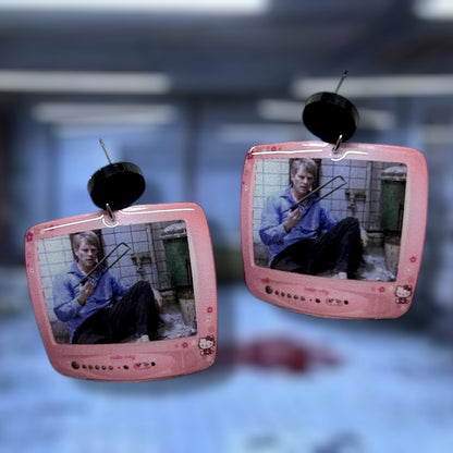 SAW Dr. Gordon sawing off foot Hello Kitty TV resin statement earrings