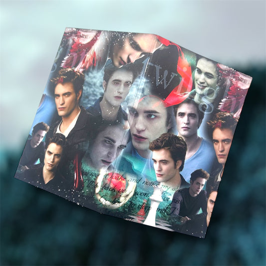 The front cover and back covers of a pocket notebook of a Twilight Edward Cullen sparkly vampire TITSOAK collage on a blurred blue background 