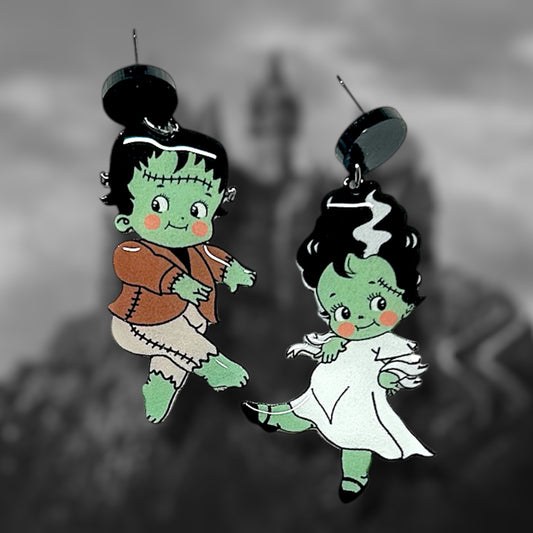 Frankenstein and The Bride of Frankenstein kewpie spooky cute Frankenstein's monster resin statement earrings