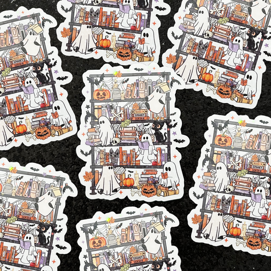 Haunted ghost bookshelf holographic stars vinyl sticker