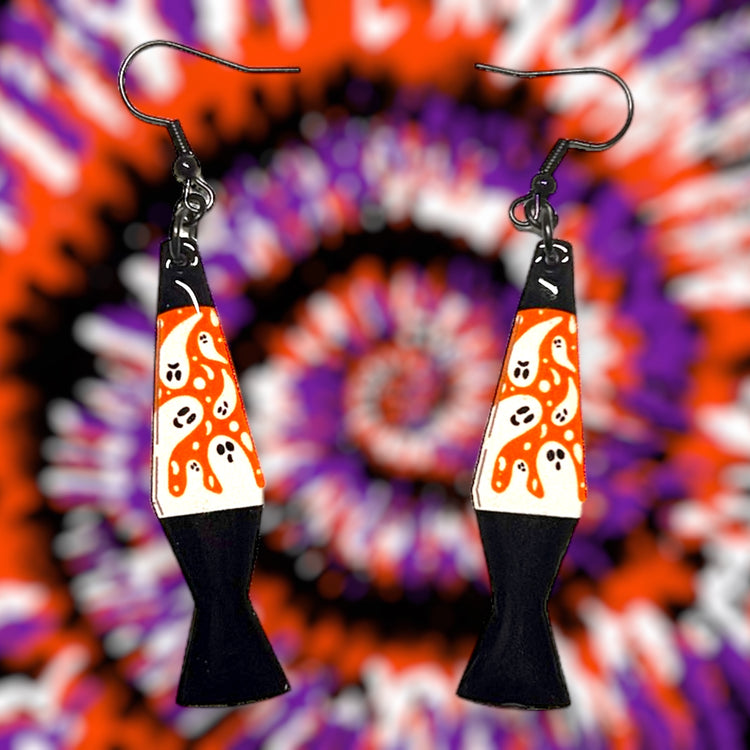 Spooky cute orange Halloween ghost lava lamp resin statement earrings