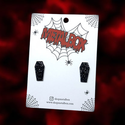 Glittery black coffin resin stud earrings