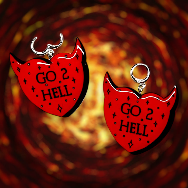 Go 2 Hell demon horns heart-shaped resin statement earrings