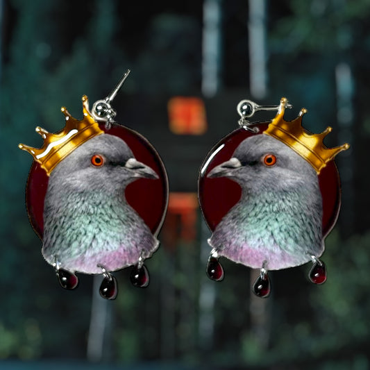 Hereditary-inspired Hail Paimon crown pigeon glass blood drops resin statement earrings