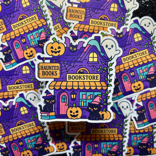 Halloween-themed stickers with haunted bookstore design on a black background