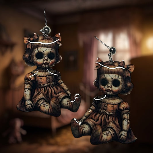 Creepy haunted doll resin statement earrings