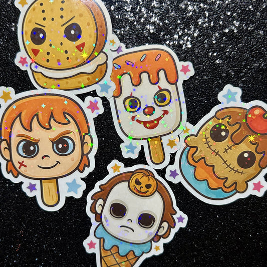 Set of cartoon-style stickers featuring horror movie characters as ice cream cones, cookies, popsicles, and cupcakes on a black background.