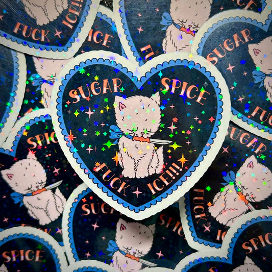 Sugar Spice Fuck ICE cat with knife wearing a bow ruffle heart-shaped holographic vinyl sticker