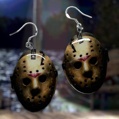 Friday the 13th-inspired Jason Voorhees hockey mask resin statement earrings