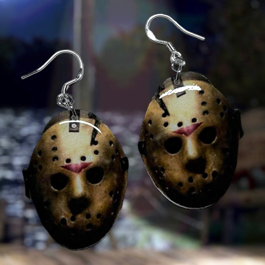 Friday the 13th-inspired Jason Voorhees hockey mask resin statement earrings