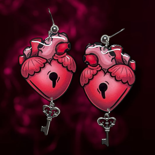 Key to my heart locked key skeleton key Valentine's Day Valloween resin statement earrings